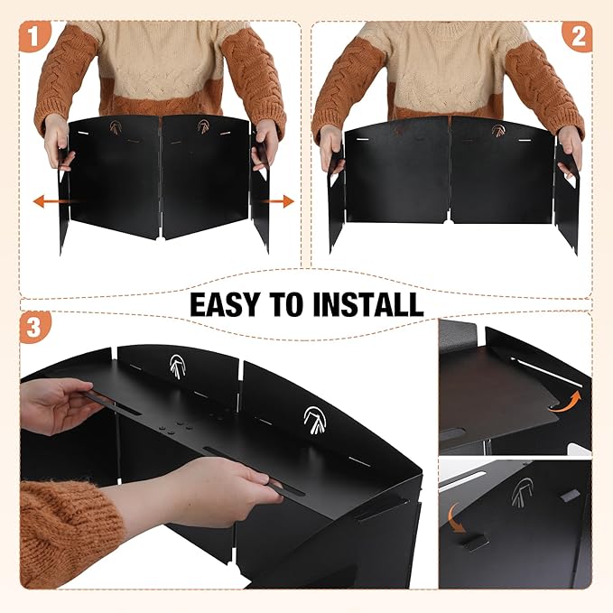 REDCAMP Portable 4-Panel Steel Camping Stove Windscreen, Foldable Windproof Outdoor Gas Stove Windshield with Storage Bag for Camping, Hiking, Backpacking, Picnic, Cooking (Black)