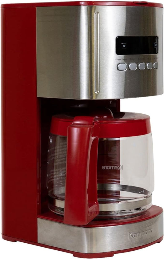 Kenmore Drip Coffee Maker - 12 Cup Programmable Cafe Machine With Glass Pot, Regular & Bold Brew, Auto Shut Off Large Water Reservoir, Reusable Filter, Kitchen Appliances For Cafeteria Barista, Red