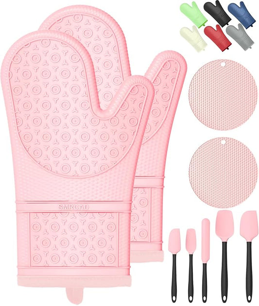 Oven Mitts with Heat-Resistant Hot Pads and Five Silicone Spatulas Designed for Kitchen Baking Cooking, Oven Glove Soft Cotton Lining, Waterproof, BPA-Free (Pink, 12.6)