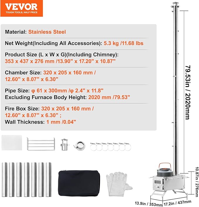 VEVOR Camping Wood Stove Stainless Steel Camping Tent Stove, Portable Wood Burning Stove with Chimney Pipes & Gloves, 700in³Firebox Hot Tent Stove for Outdoor Cooking and Heating with 8 Pipes