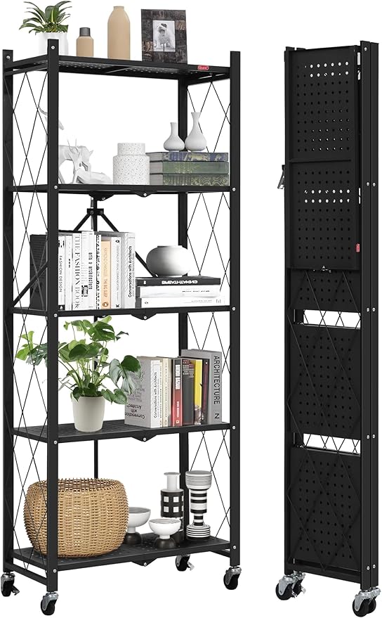 DEANIC 5-Shelf Folding Bookcase with Wheels, Rolling Bookshelf Heavy Duty Storage Shelves, Freestanding Metal Wire Shelving Unit for Living Room, Office, Kitchen, Basement, Pantry (Black)