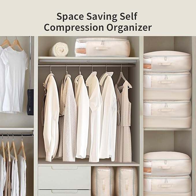 DIMJ 66L Comforter Storage Bag - 2 Pack Space Saving Self Compression Bags for Blankets, Duvets, Pillows, Bedding, and Down Jackets with Clear Window and Handle