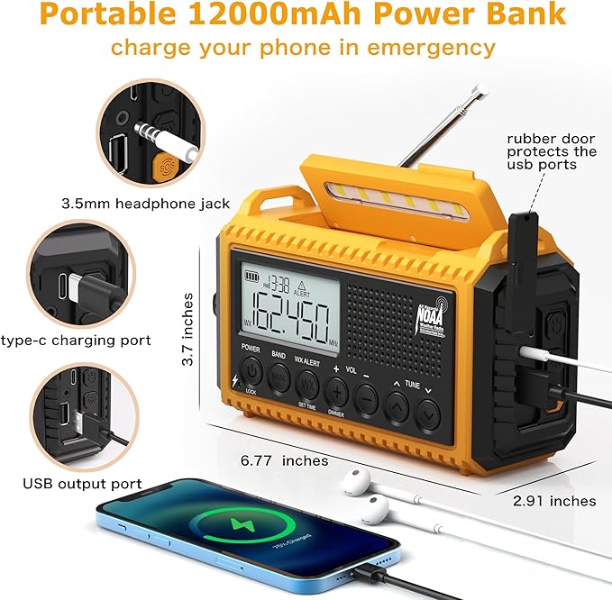 12000mAh NOAA Emergency Weather Radio, Hand Crank Emergency Radio Portable AM FM Shortwave, Solar Rechargeable Battery Powered with USB-C Charger & Adapter, SOS Alert Flashlight for Outdoors
