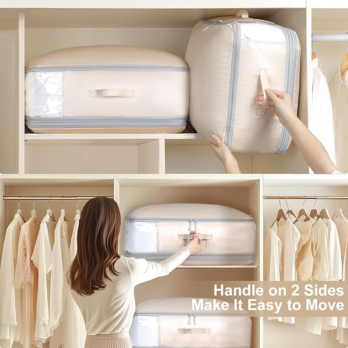 Comforter Storage Bag - Large Capacity Blanket Storage Bags 3-Layer Ultra Space Saving Self Compression Organizer, Washable Compression Bags for Storage Comforter Blanket, 8-Pack, Beige