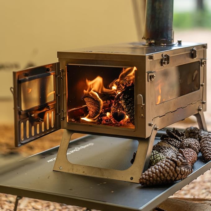 Camping Hot Tent Stove Wood Stove, POMOLY Ti Mini 0.6 Portable Lightweight Titanium Stove for Hiking, Cooking, Heating (Stove Pipe 6.56ft / 2m), Small, Slivery