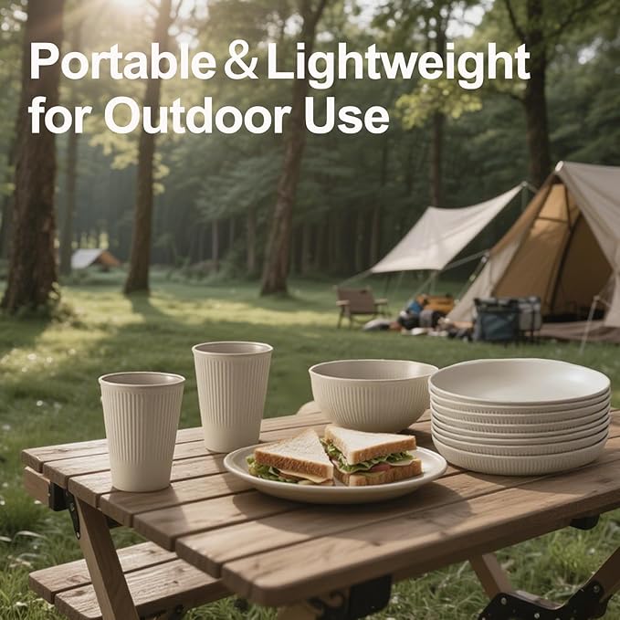 Wheat Straw Dinnerware Sets 24PCS -Set of 8, Reusable Plates and Bowls Set Dishwasher & Microwave Safe Cups Plates and Bowls Sets Shatterproof For Kitchen Outdoor Travel Camping