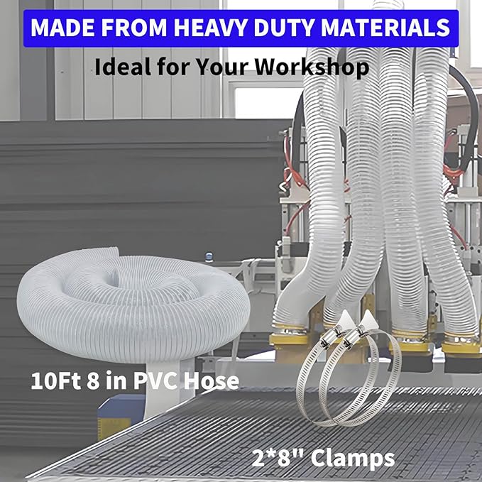 JUYO VONSAN 8 inch Dust Collection Hose 10ft Heavy Duty Flexible PVC Dust Collector Hose With Clamps (PVC, 8IN-10FT)