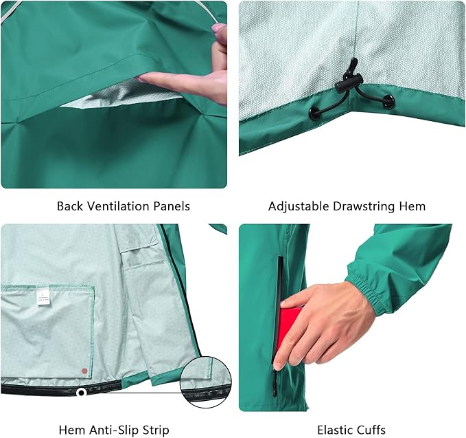 Men's Cycling Running Rain Jacket Lightweight Waterproof Biking Hiking Windbreaker Raincoat Reflective Packable