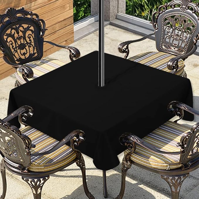 LUSHVIDA Square Outdoor Tablecloth with Umbrella Hole and Zipper, 54x54 Inch Black, Washable Waterproof Table Cloth Spill Proof Wrinkle Free Table Cover for Patio Spring Summer Picnic BBQS