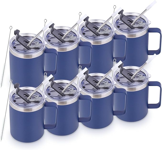 Volhoply 12oz Insulated Leakproof Coffee Mug with Flip & Straw Lid Bulk 8 Pack,Double Wall Vacuum Stainless Steel Travel Tumbler Cup with Handle,Reusable Camping Keep Cold/Hot(Navy,8 Set)