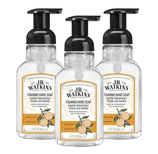 J.R. Watkins Foaming Hand Soap Pump with Dispenser, Moisturizing Hand Soap Foam, Alcohol-Free and Cruelty-Free, Use for Kitchen or Bathroom, Orange, 9 fl oz, 3 Pack