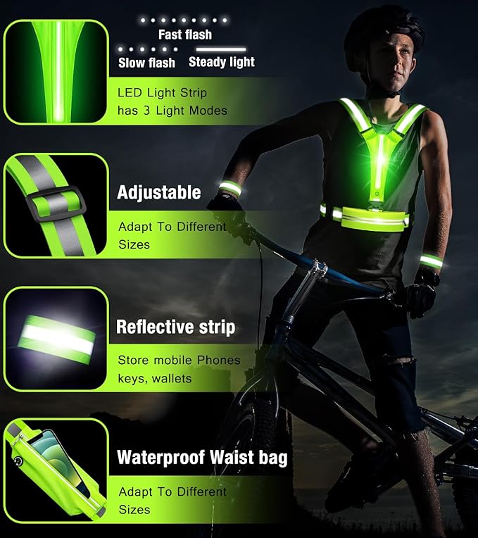 LED Reflective Vest Running Gear Set,USB Rechargeable Light Up Running Vest for Runners Night Walking with Waterproof Phone Bag,High Visibility Armband,Adjustable Waist&Shoulder for Men Women