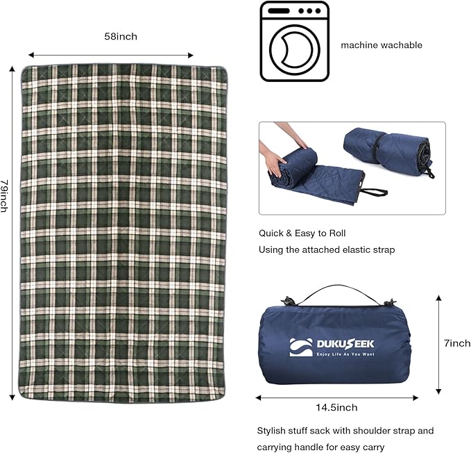 DUKUSEEK Large Outdoor Blanket, Camping Blankets for Cold Weather, Waterproof Windproof Hooded Stadium Blanket 79"x59" Quilted with Extra Thick Fleece, Great for Camping, Picnic, Beach, Car, Dogs