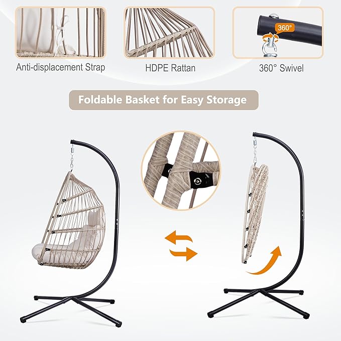 Foldable Hanging Egg Chair with Stand, HDPE Rattan and Heavy Duty Aluminum-Steel Frame, Outdoor Patio Wicker Swing Egg Chair with Headrest and Cushioned, 350 Lbs Capacity (Beige)