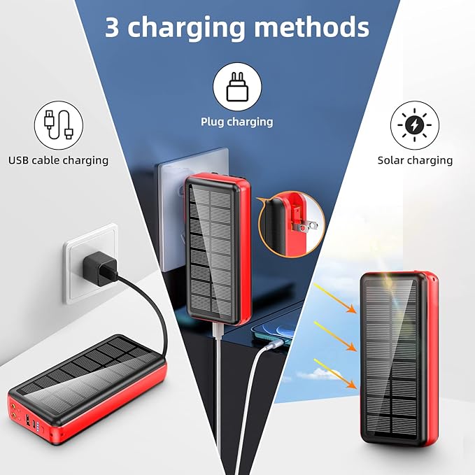 Portable Charger with Built in Cable and Wall Plug 50000mAh 22.5W Fast Charging Solar Power Bank with 5 Output & 2 Input Dual LED Flashlights Phone Holder External Battery Pack (Red)
