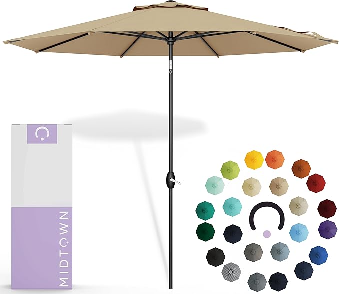 Midtown Umbrellas Sunbrella Umbrella 9 Feet Outdoor Umbrella With Heather Tan Acrylic Fabric - Auto-Tilt Aluminum Frame Patio Umbrella For Backyard, Deck, Garden, Pool - Black Pole