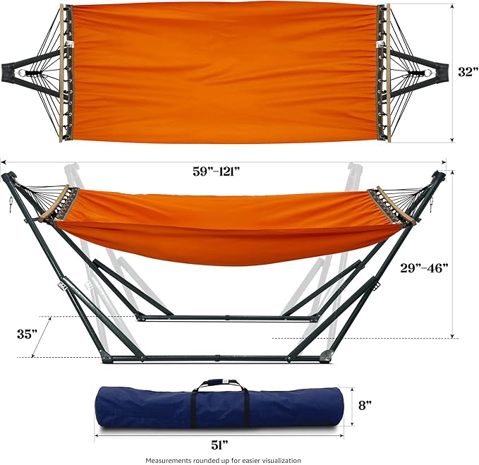 Tranquillo Sturdy Steel Hammock Stand with Premium Cotton Canvas, 600 lbs Capacity Folding Hammock Stand, Portable Hammock 30-Second Fold Unfold Hammock for Camping, Orange
