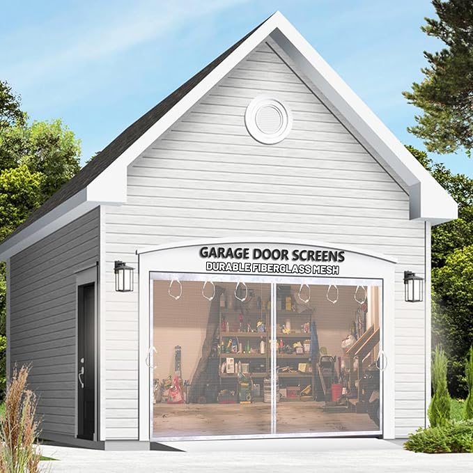 Magnetic Garage Door Screen Kit 12x7 FT White - Retractable Mesh Net Screen Door with Fiberglass Mesh for 1 Car Garage 12x7ft, Blocks Bugs & Provides Privacy - Perfect for Workshop Gym Patio