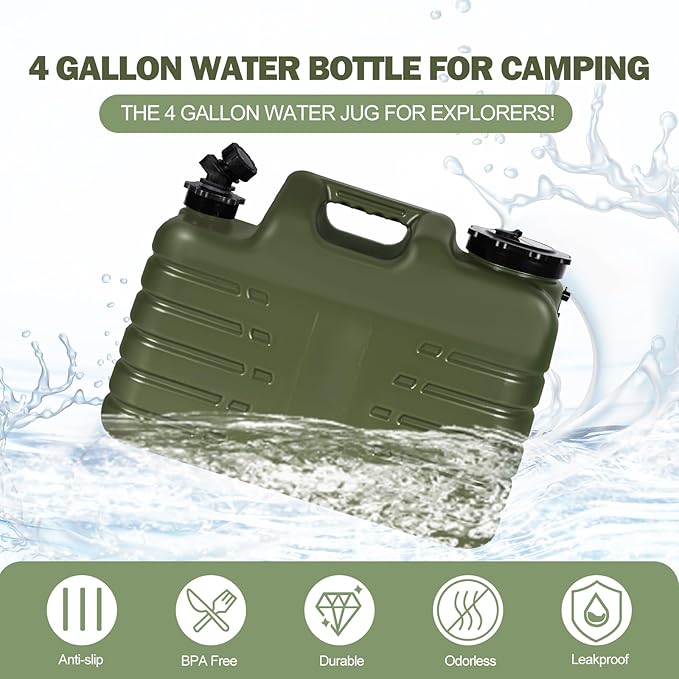 REDCAMP 4 Gallon/15L Portable Water Container with Spigot, Camping Water Jug, Water Containers, Water Tank, Portable Emergency Water Storage for Camping, Car, Hiking, Green, 2Pack