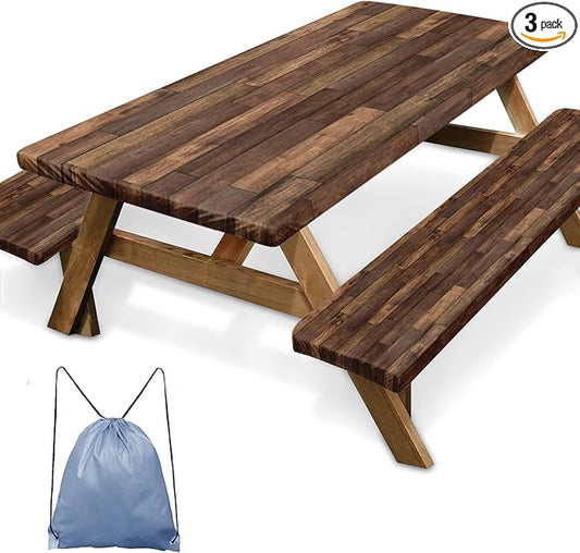 Picnic Table Cover with Bench Covers Elastic Edges, Brown Wood Fitted Table Cover, Outdoor Patio Camping Essentials 60 Inch 3PCS, Waterproof Camping Fitted Tablecloth with Drawstring Bag
