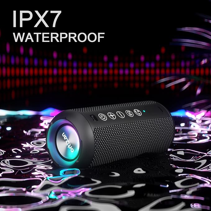 Ortizan Portable Bluetooth Speaker: IPX7 Waterproof, 24W Loud Sound, Deep Bass, Bluetooth 5.3, LED Lights, Wireless Stereo Pairing, 30H Playtime, for Home/Outdoor/Party/Beach, Birthday Gift (Black)
