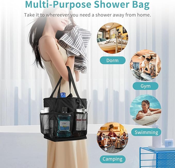 Mesh Shower Caddy Portable for College Dorm Room Essentials, Shower Tote Bag with Hanging Hook and Drawstring, Quick Dry Toiletry Bag with 6 Pockets for Bathroom, Swimming, Gym, Camping, Beach, Travel