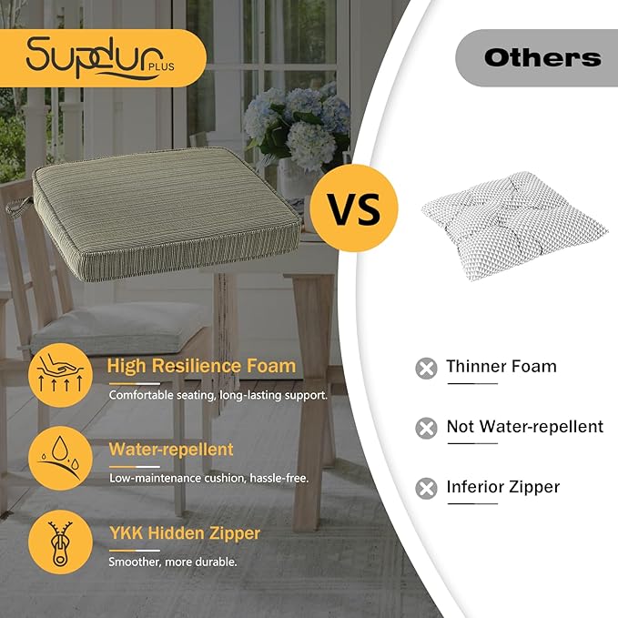 Outdoor Square Corner Seat Cushion, 18.5"x16"x3", Set of 4, Non Slip Seat Cushion Pads with Removable Cover for Patio Furniture, Garden Yard Lawn, Dark Black Tan Stripe