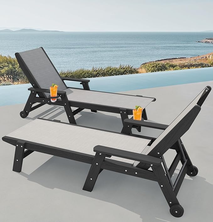 SERWALL Patio Chaise - 5 Position Outdoor Textilene Lounge Chair with Rolling Wheels for Poolside, Deck, Black