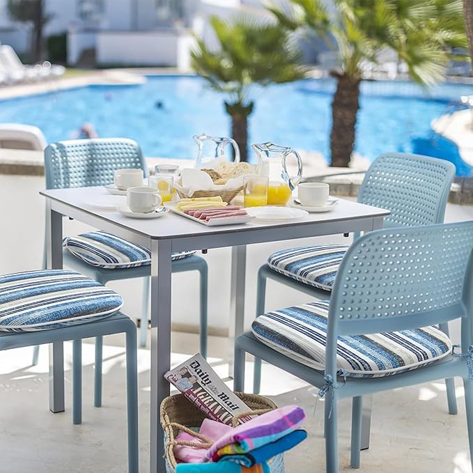 Indoor/Outdoor Chair Cushions 16x17 Inch, Patio Chair Cushions with Ties, All Weather Seat Cushions for Patio Furniture Home Garden Chair Use, Set of 2, Stripe Layered Blue