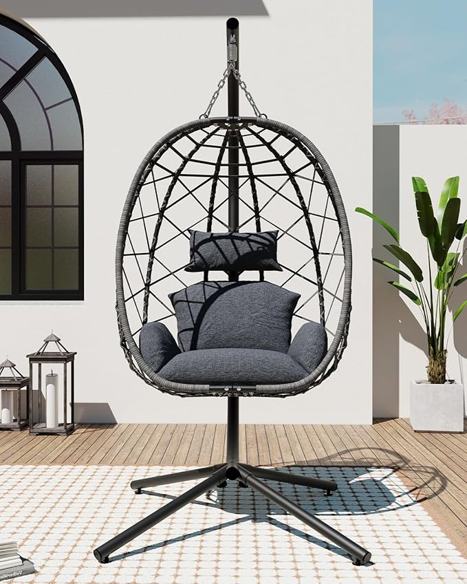 SWITTE Egg Swing Chair with Stand, Outdoor Patio Hanging Egg Chair, Indoor Hammock Chair with Cushion for Garden Backyard, 350LBS Capacity-Dark Grey
