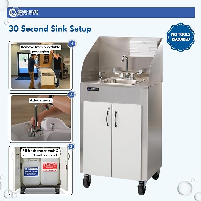 Ozark River Portable Sinks Elite PRO1, Free Standing Portable Concession Sink, Commercial Restaurant Portable Sink with Hot Water, Stainless Food Service Sink, White Doors-White Edges-Splashguard