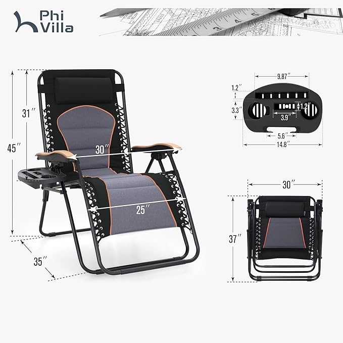 PHI VILLA XXL Oversized Padded Zero Gravity Chair, Foldable Patio Recliner, 30" Wide Seat Anti Gravity Lounger with Cup Holder, Set of 2, Support 400 LBS (Black & Orange Accents)
