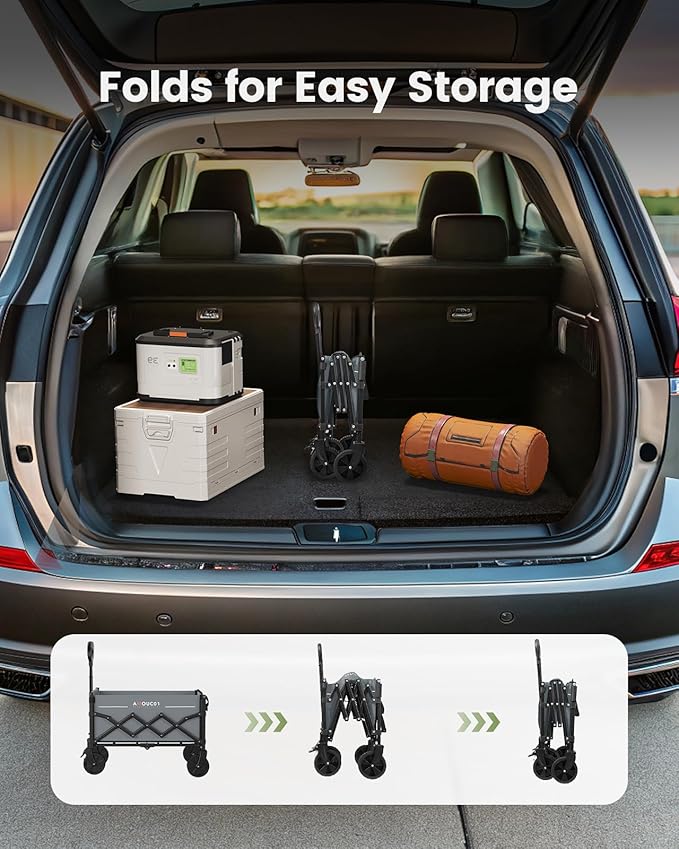 Small Wagon Cart Foldable, Collapsible Wagon with 360 LBS Max Load & Expandable Storage, 90L Foldable Grocery Cart with 2 Cup Holders for Outdoor, Garden, Camping &Groceries-Grey