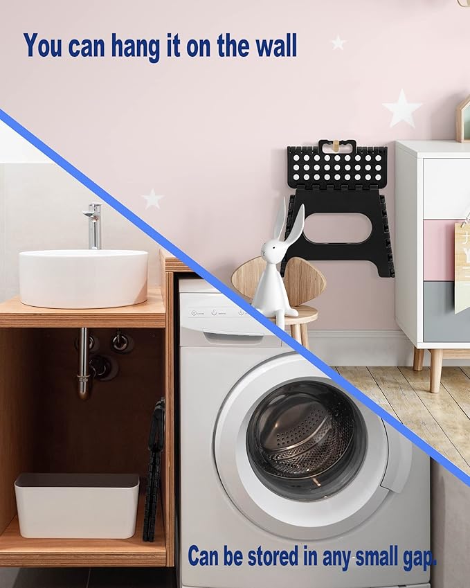 ACKO Folding Step Stool Foldable Step Stools for Kids, 11 Inch Foot Stool Black Plastic Step Stool with Portable Handle Small Stool Hold up to 300lbs for Bathroom, Kitchen 1PC