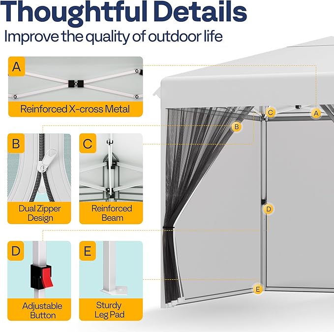 VIVOHOME 10x10ft Easy Pop-Up Canopy, Outdoor Screen Tent with Mosquito Netting, 2 Zipper Doors, and Roller Bag for Yard Camping Picnic Party Events, White