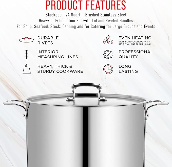 Stockpot – 24 Quart – Brushed Stainless Steel – Heavy Duty Induction Pot with Lid and Riveted Handles – For Soup, Seafood, Stock, Canning and for Catering for Large Groups and Events by BAKKEN