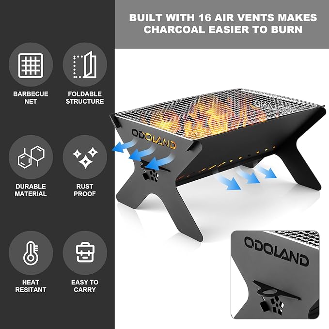 Odoland Camping Campfire Grill, Portable Folding Charcoal Grills, Backpacking BBQ Grill, Heavy Duty Firepit Grill with Carry Bag for Outdoor Cooking, Bonfire, Patio, Backyard