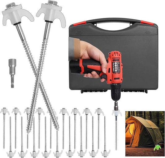 8" Screw in Tent Stakes - 20 Pack Heavy Duty Ground Anchors Screws for Camping, Canopy, Awning and Outdoor Tent Pegs - Metal Tent Stakes with Hex Head Driver & Storage Box