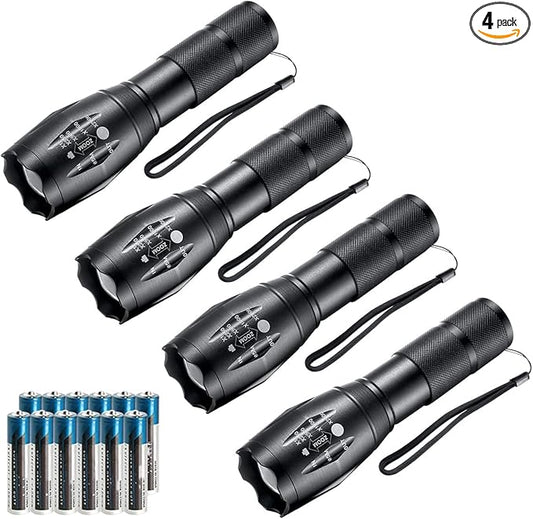 LED Flashlights,4pack Tactical Flashlight High Lumens Lights with 12Pack AAA Batteries Portable Waterproof Zoomable Flashlight with 5 Mode for Camping/Outdoor/Emergency(Black-4pack)