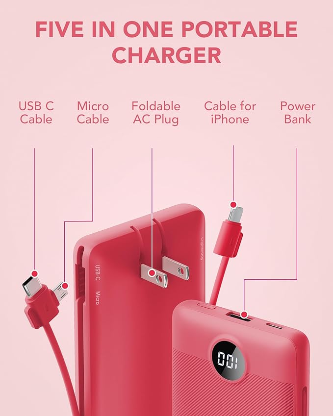 Portable Charger Built-in Cables and AC Wall Plug, VRURC USB C Power Bank 10000mAh, Travel Battery Portable Phone Charger Compact Lightweight External Battery Pack for SmartPhones,Tablets-Viva Magenta