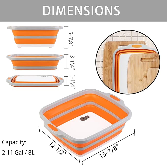 Collapsible Cutting Board with Container, Foldable Camping Sink with Colander, BBQ Prep Tub with Lid, Multifunction Dish Basin for Kitchen, Bowl, Vegetable and Fruit, 2.11 Gal/8L Storage Basket