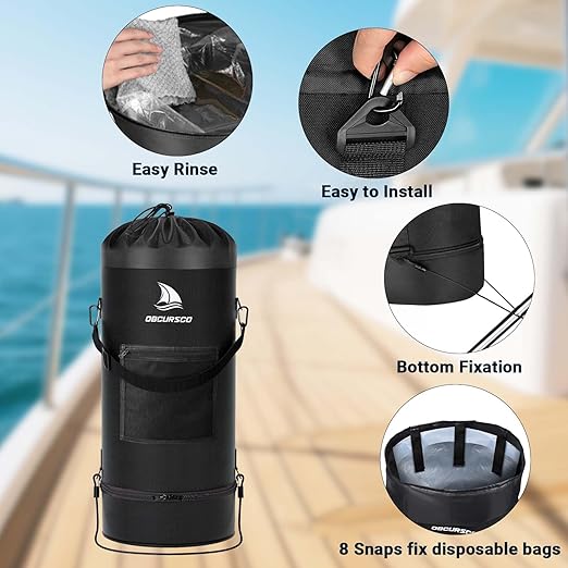 Obcursco Boat Trash Can,100% Leakproof 900D Portable Garbage Bag Pontoon Fishing Boat Accessories Marine RV or Camping 9-12 Gallon Capacity