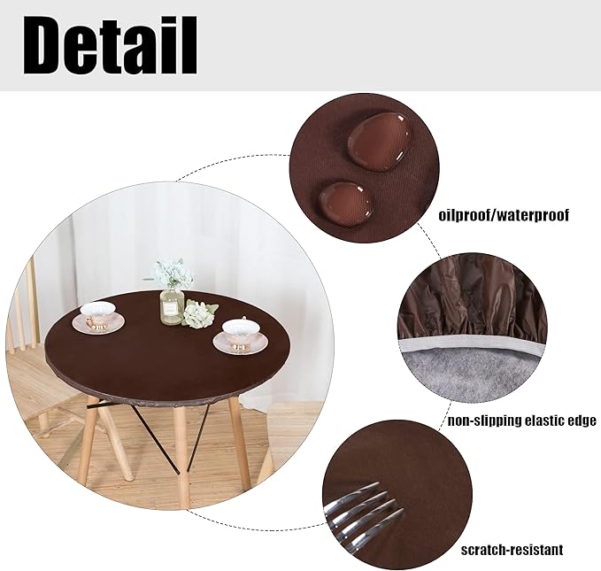 LUSHVIDA Round Waterproof Table Cover Elastic Vinyl Fitted Tablecloth Elastic Edged Plastic Table Cloth (Deep Coffee, Best for Up to 45"-56" Round)