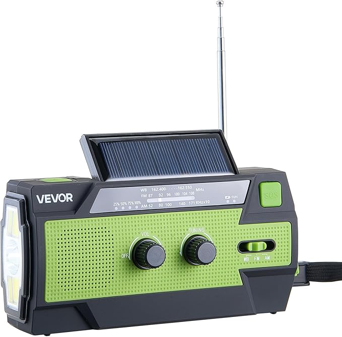 VEVOR Emergency Weather Radio, 4000mAh Battery, FM/AM/WB/NOAA Alert Solar Hand Crank Emergency Radio, with USB Charging Cable, SOS Alarm and Flashlight, Portable for Outdoor Emergencies, Camping