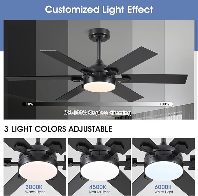 52" Black Ceiling Fans with Lights and Remote, Indoor Ceiling Fans with Quiet DC Motor, Dimmable 6 Speeds Reversible,Modern LED Ceiling Fan for Bedroom Kitchen