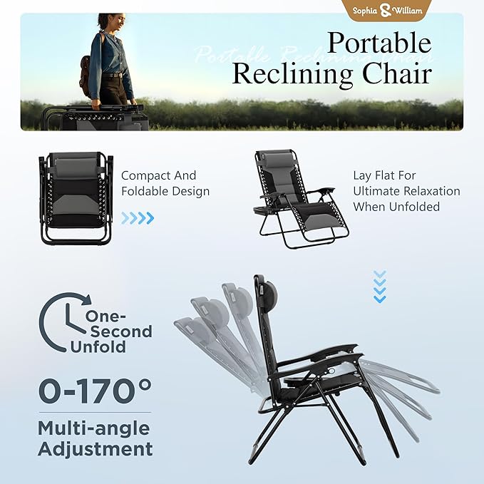 Sophia & William Oversized XL Zero Gravity Recliner Chair Set of 2 Padded, Folding Reclining Lounge Chair with Wide Armrest and Cup Holder, Support 400 LBS, Black