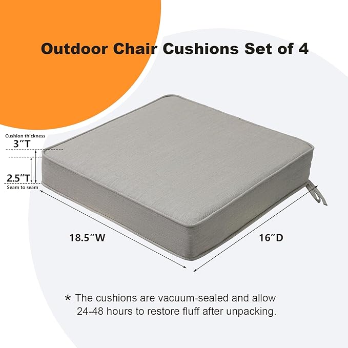 Sunbrella Square Corner Seat Cushions, 18.5" x 16" x 3", Set of 4, Indoor Outdoor Water Repellent Universal Chair Pads with Ties for Patio Furniture, Garden Dining Chairs, Specrtum Pebble