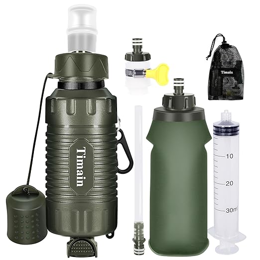 Timain Portable Personal Water Filter Straw Water Filter Survival Gear for Emergency Preparedness, Outdoor Activities, Travel, Camping, Hiking, Fishing, Hunting (Green)