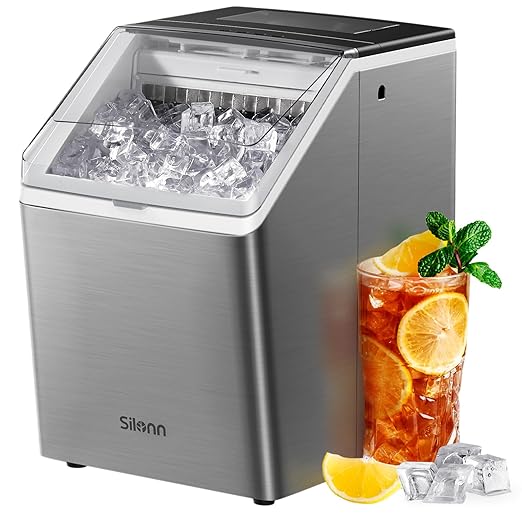 Silonn Ice Maker Countertop 44lbs/Day, Ice Cube Maker with Self-Cleaning, Stainless Steel Ice Machine with 2 Water Fill Options, Compact for Home Office Bar Party