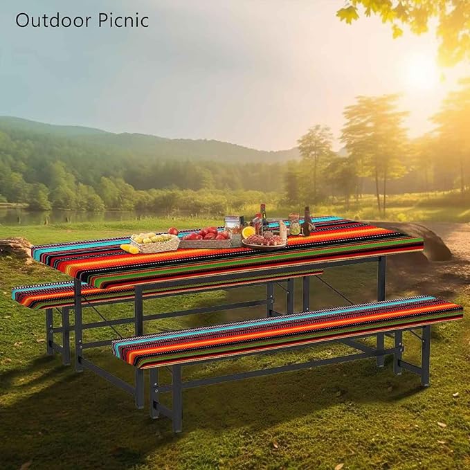 CAPSCEOLL Fitted Picnic Table Cover with Bench Covers with Elastic 6Ft Waterproof Camping Picnic Table Cover Cloths for Outdoors Camping Tablecloth with Drawstring Bag, 72X30in, Colorful Stripes